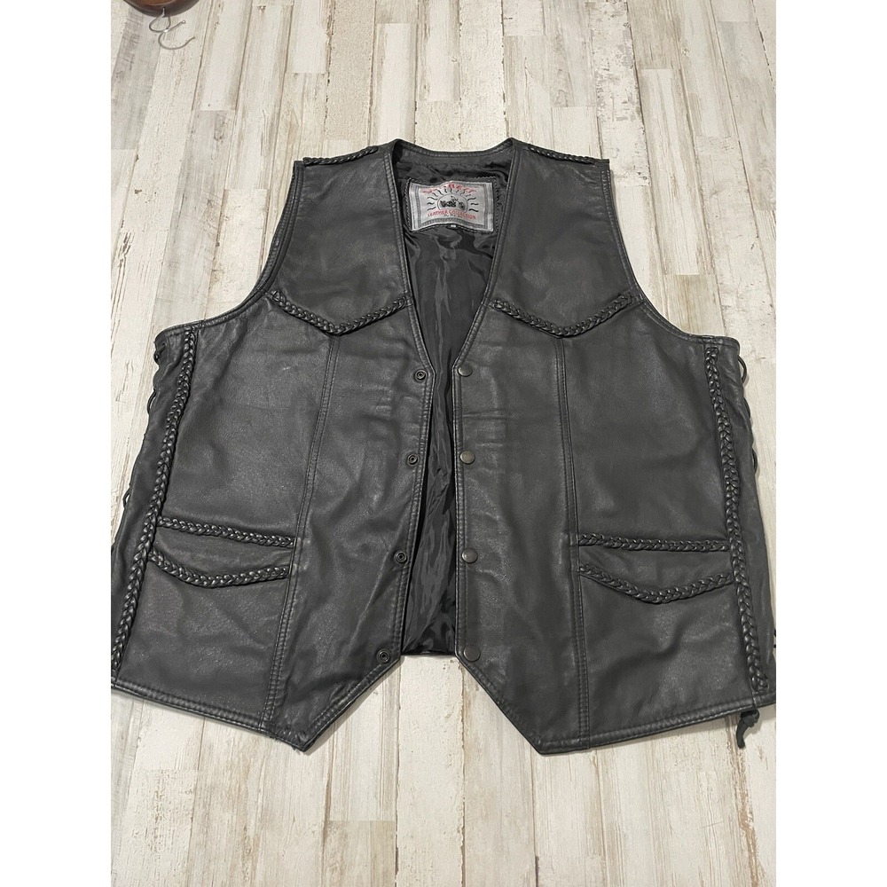 VTG Sunbelt Leather Collection Black‎ Leather Lace Up Sides Vest Mens 48